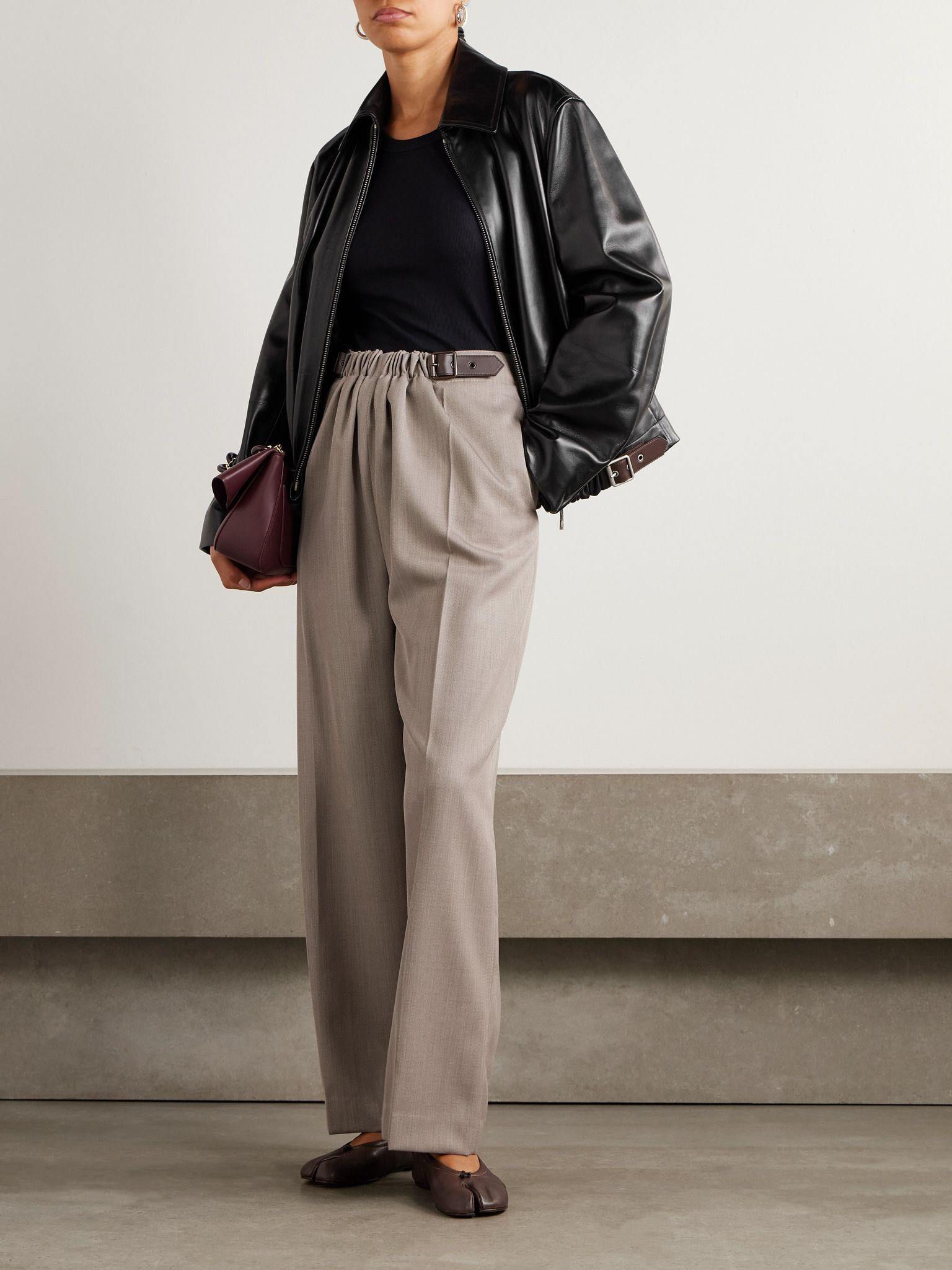 Leather-trimmed pleated wool-twill straight-leg pants Beige - 2