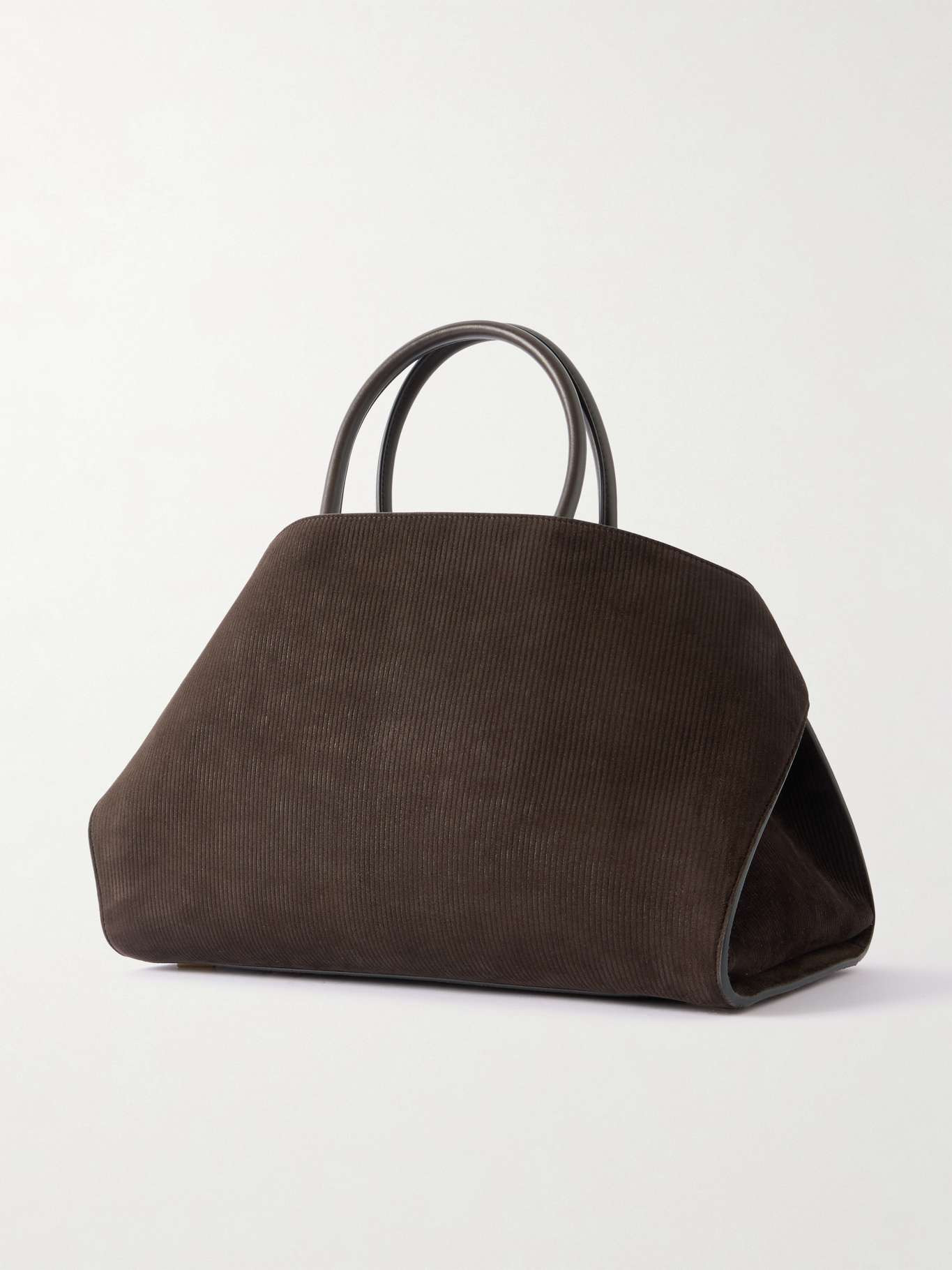 Hug medium leather-trimmed ribbed-suede tote Brown - 3