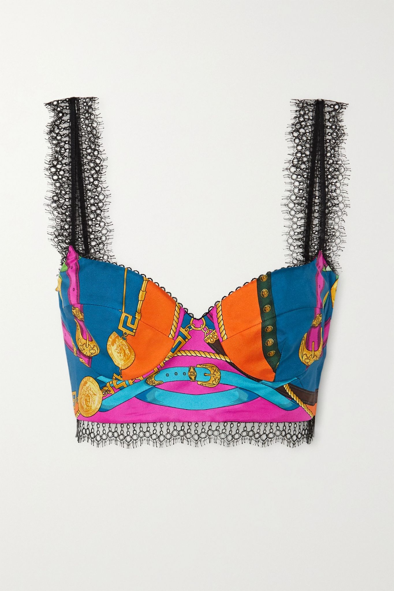 Lace-trimmed printed silk-twill bustier top - 1