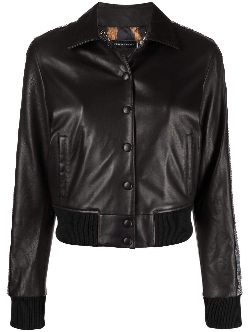 crystal-embellished leather jacket - 1