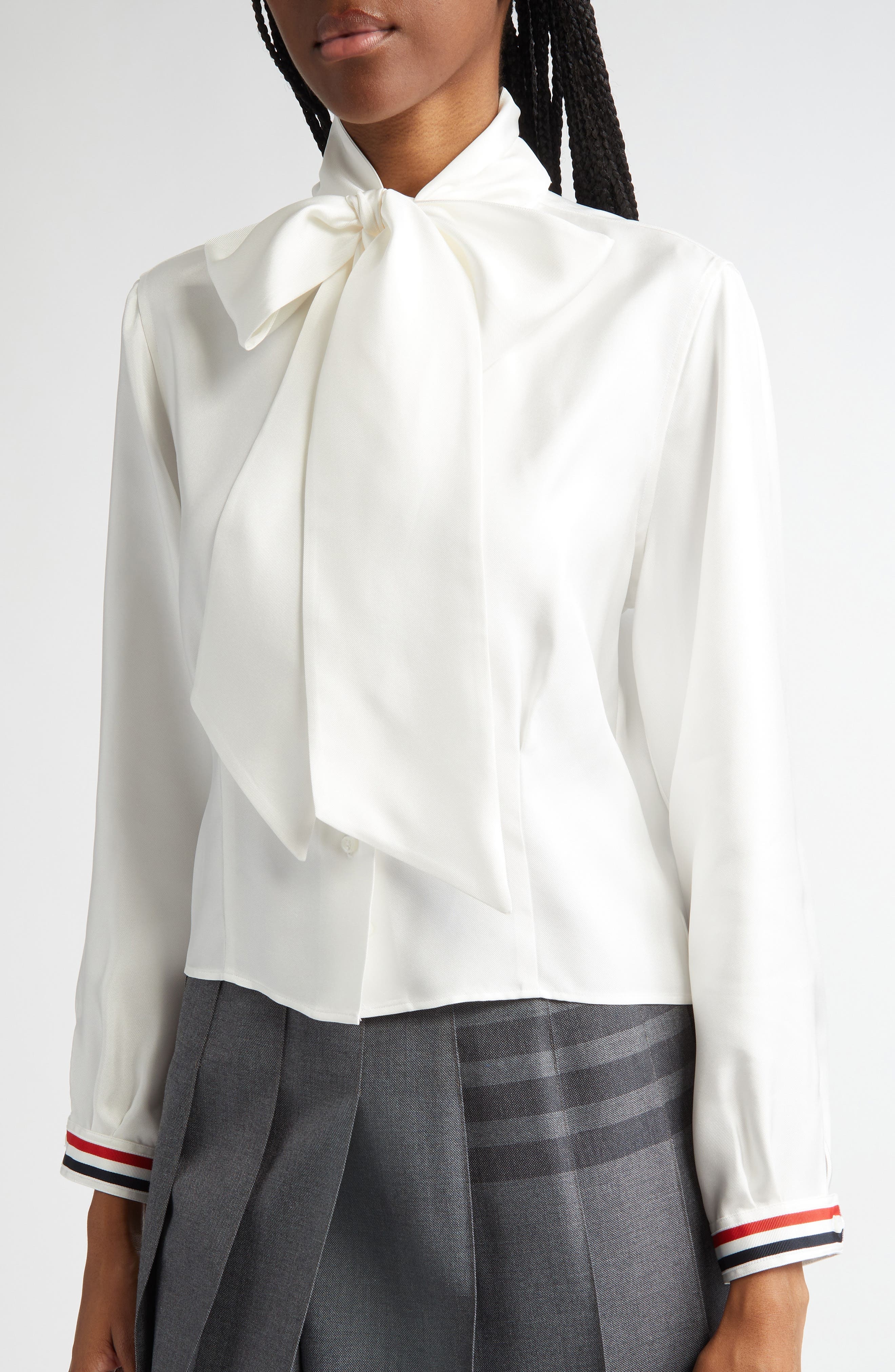 Thom Browne Tie Neck Long Sleeve Silk Top in White at Nordstrom - 4