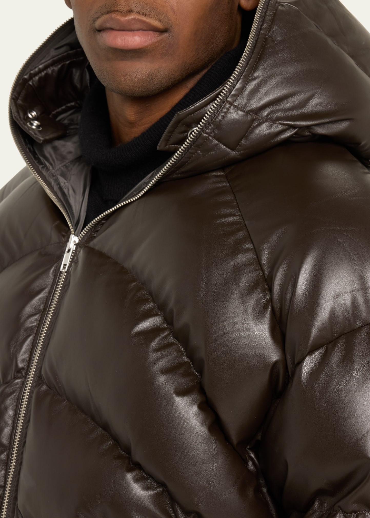 Men's Hooded Faux-Leather Puffer Jacket - 5