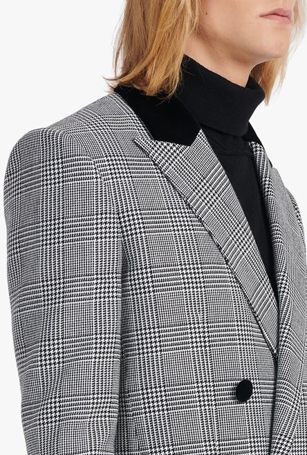 White and black glen plaid wool blazer with black velvet collar - 9