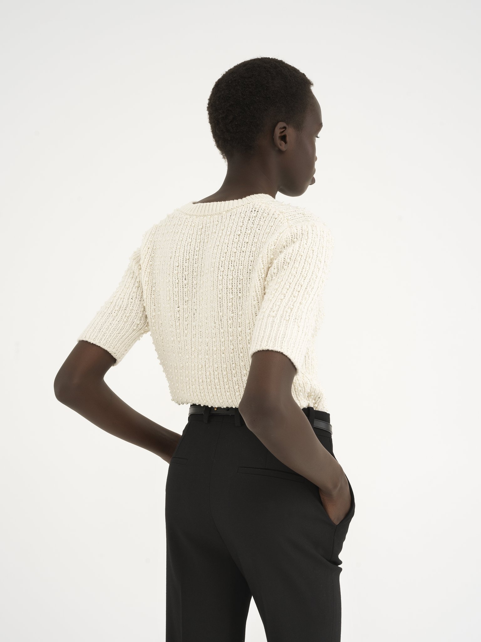SHORT-SLEEVE PEARL SWEATER IN WOOL & CASHMERE - 5