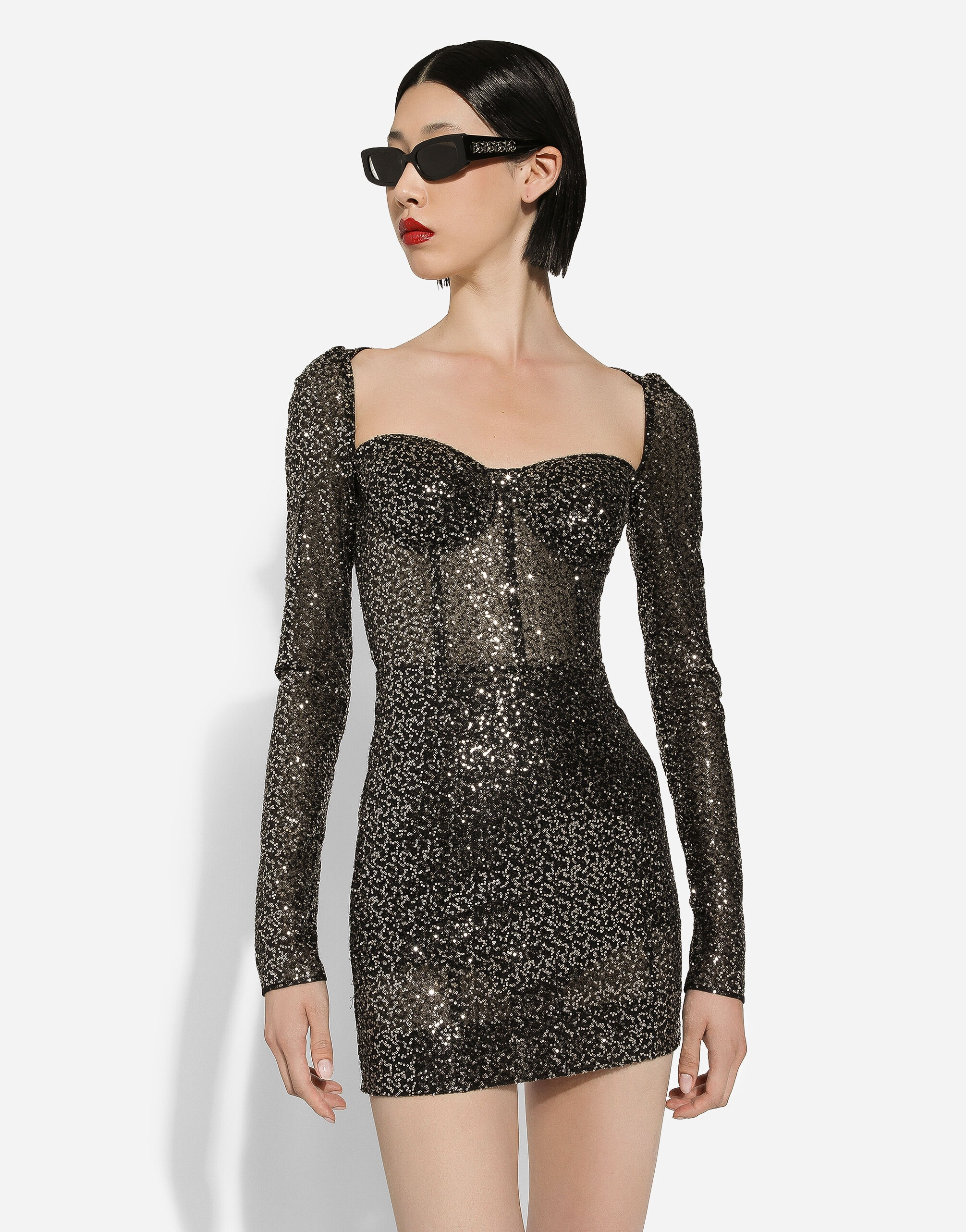 Short long-sleeved sequined corset dress - 4