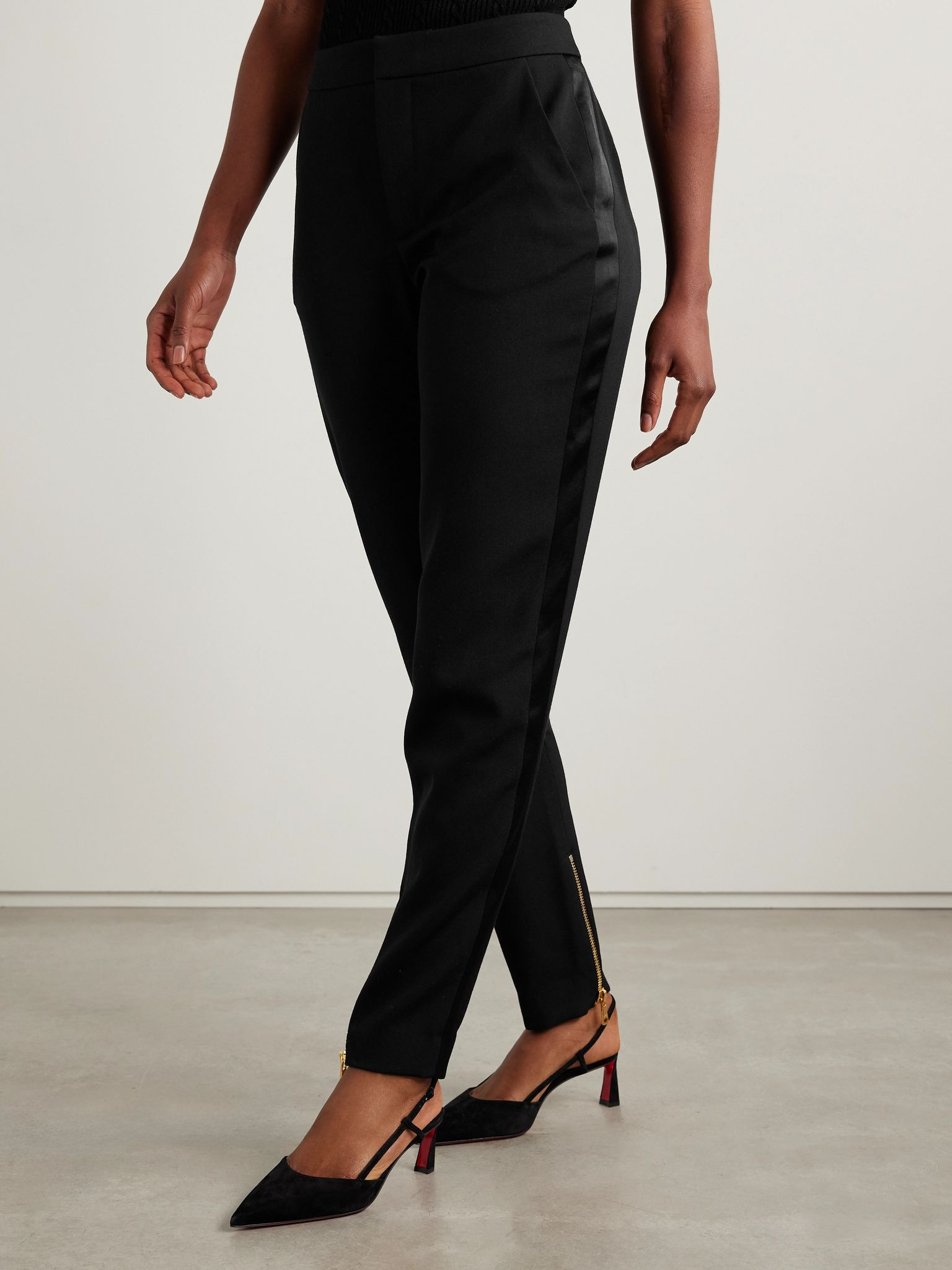 Satin-trimmed wool straight-leg pants Black - 3