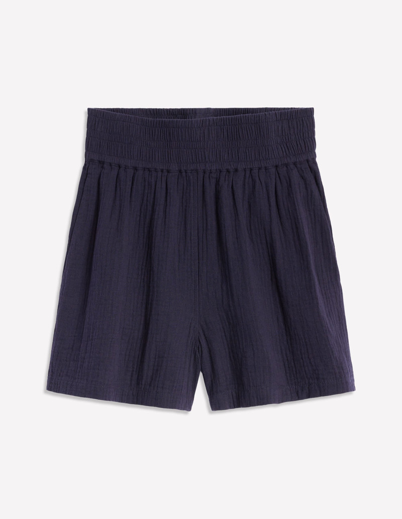 Smocked Double Cloth Shorts-Navy 1