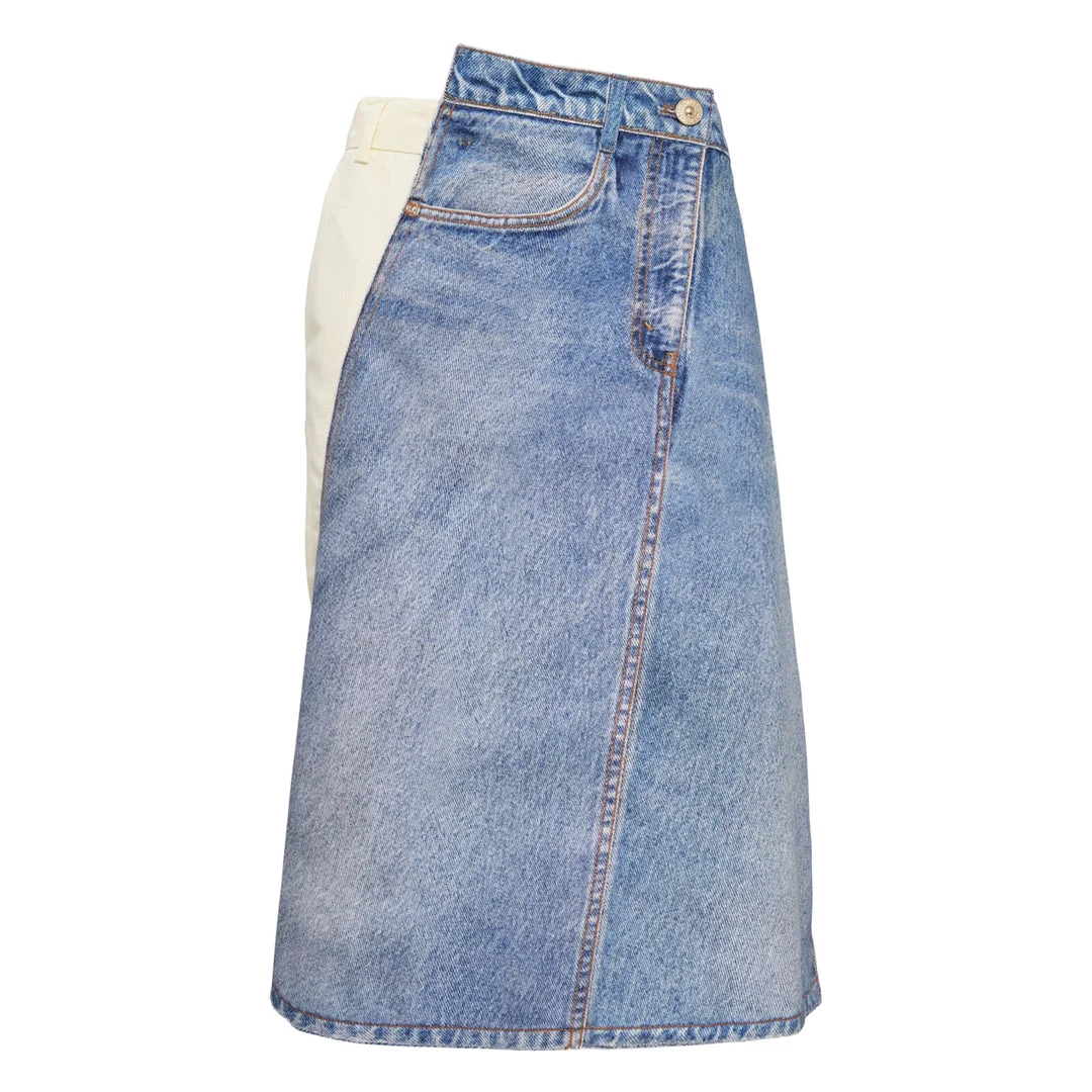 Blue Denim Print Wrap Panel Skirt - 1