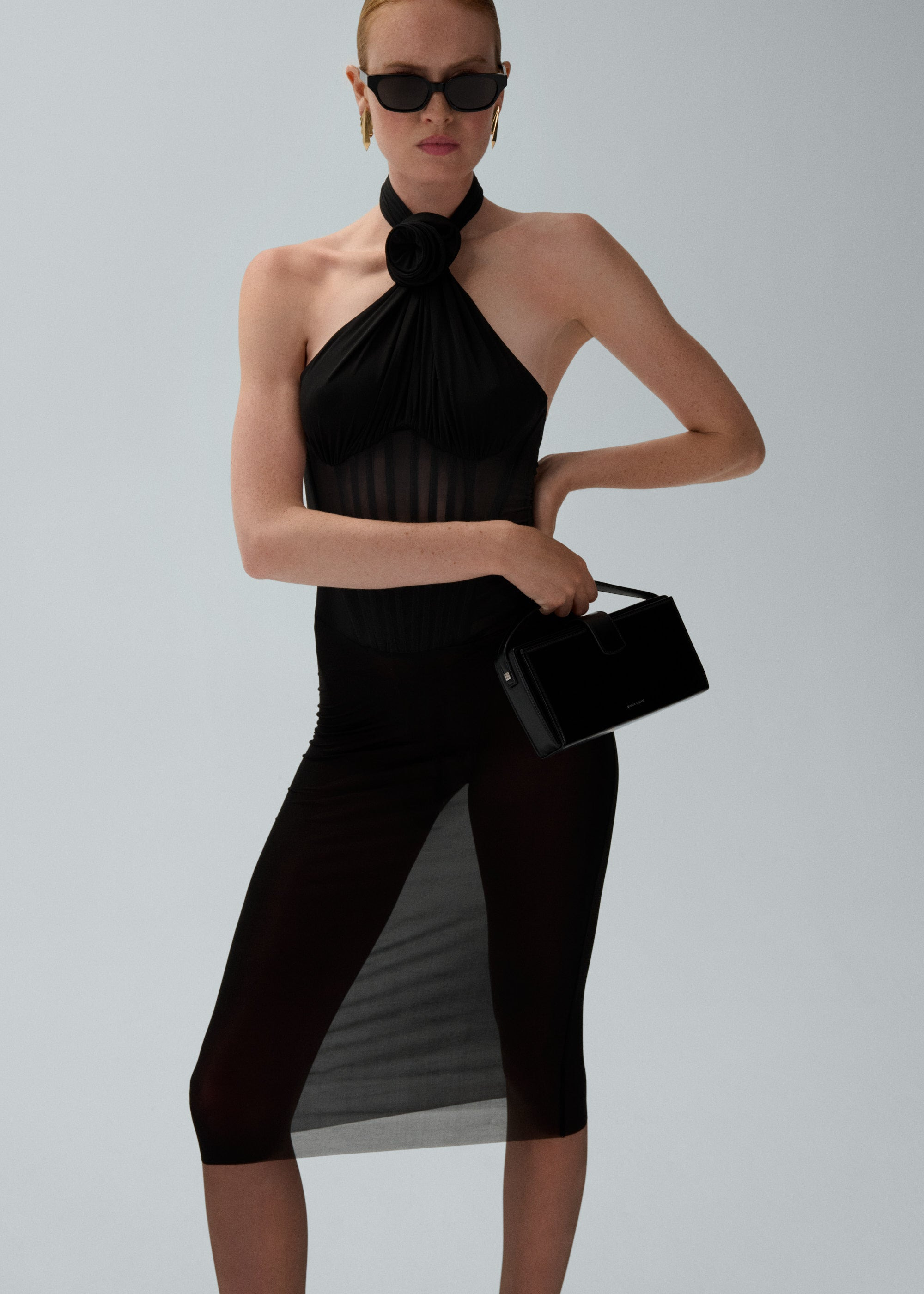 Sheer halter bustier midi dress in black - 3