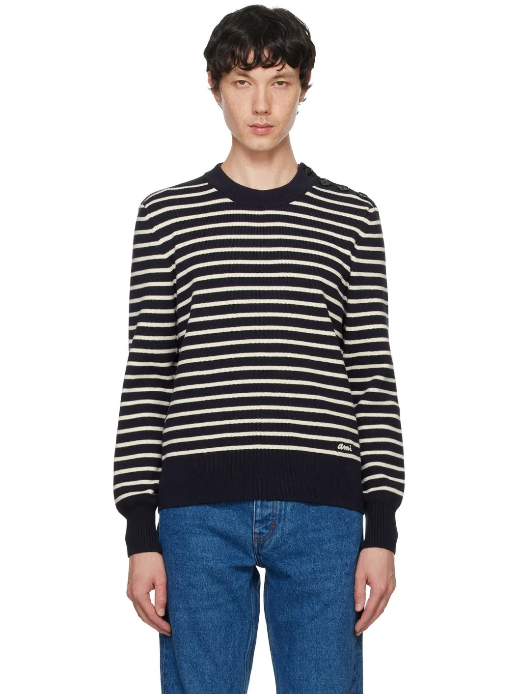 Navy & White Striped Sweater - 1