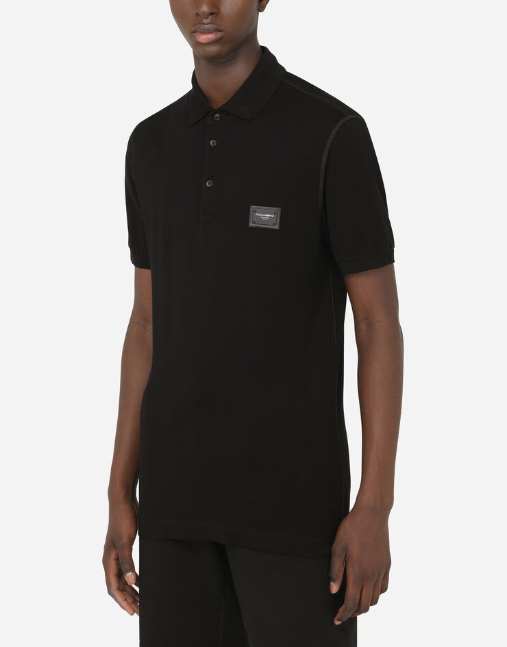 Cotton piqué polo-shirt with branded plate - 4