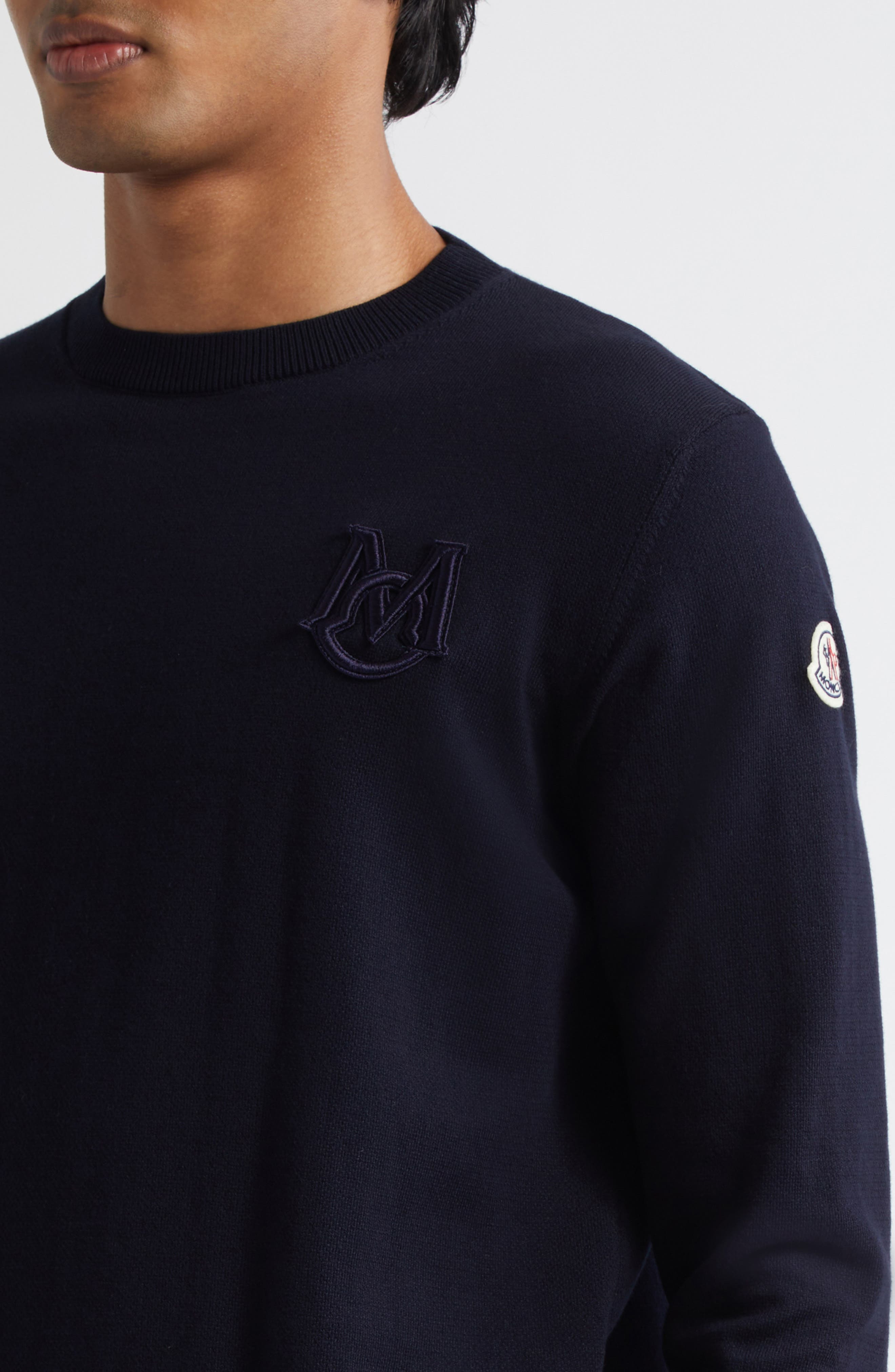 Moncler Logo Embroidered Cotton Sweater in Navy at Nordstrom - 4