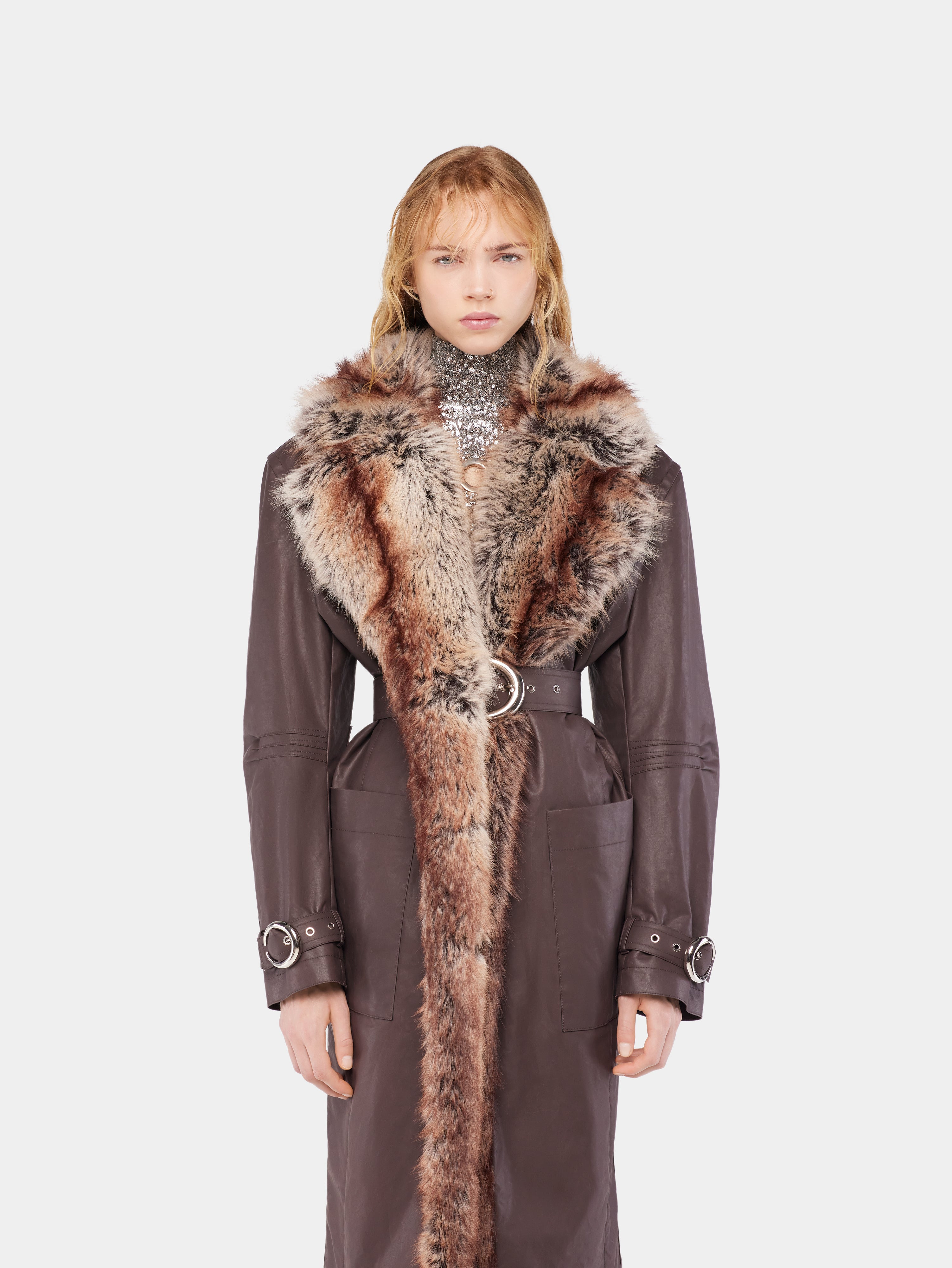 TRENCH COAT WITH FAKE FUR TRIMS - 5