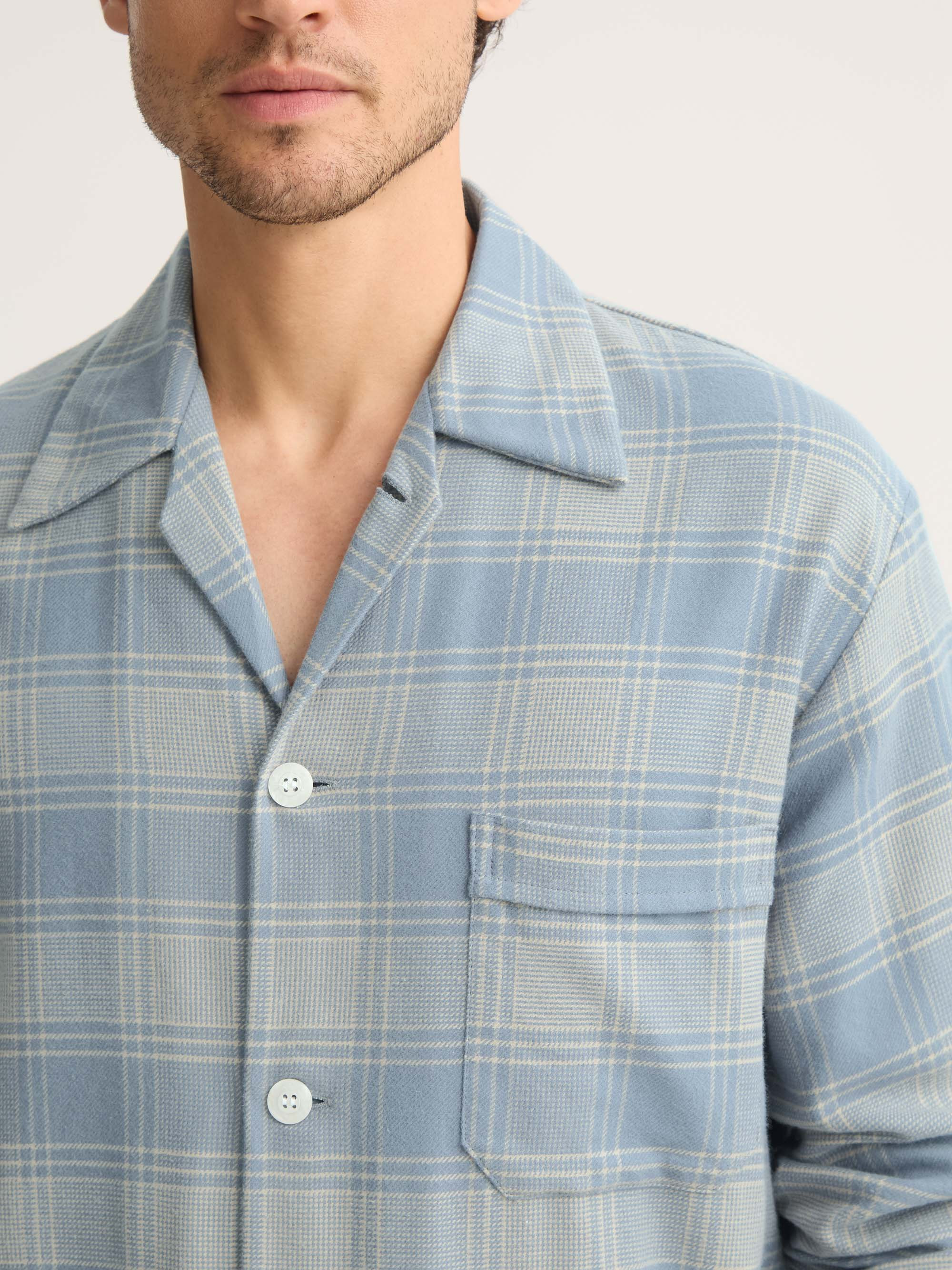 Men's Classic Fit Pajamas Kelburn Brushed Cotton Storm Blue & Ecru Check - 5