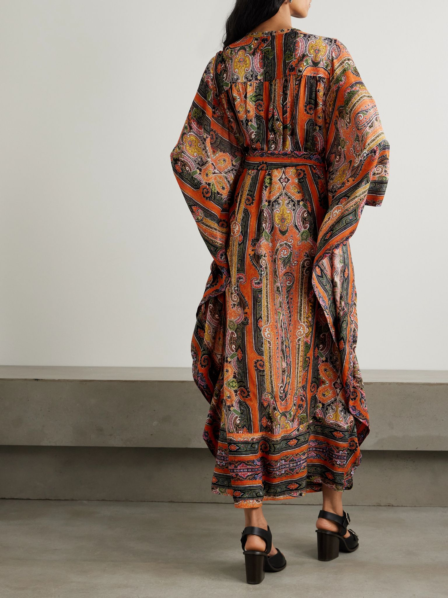 Melinda belted embellished printed silk-voile maxi dress Orange - 3