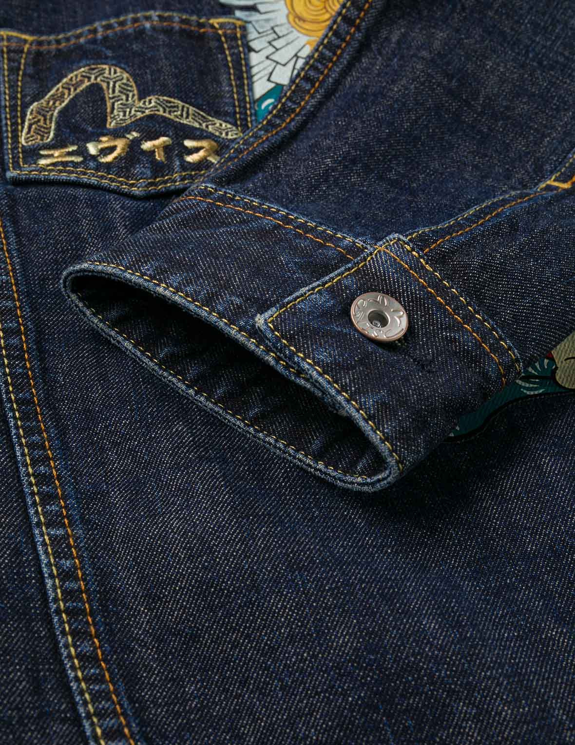 Washed Multi-Pocket with Lion Dance Print Relax Fit Denim Jacket - 14