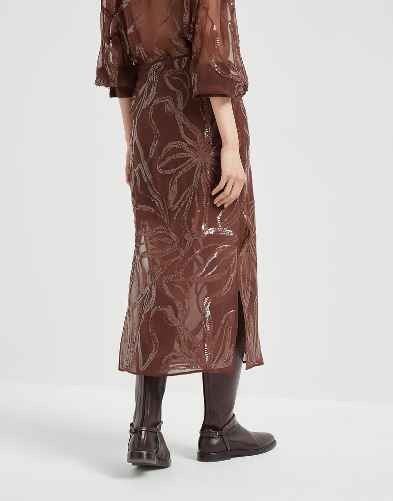 Brunello Cucinelli Crispy silk couture column skirt with dazzling floral embroidery outlook