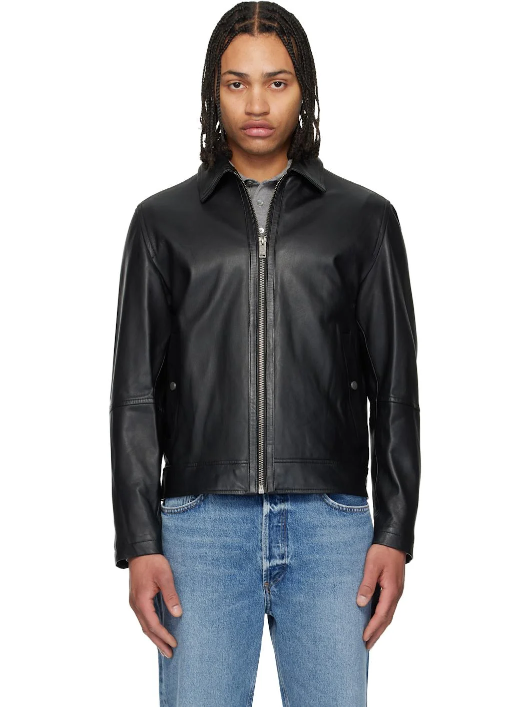 Black Regular Fit Nappa Leather Jacket - 1