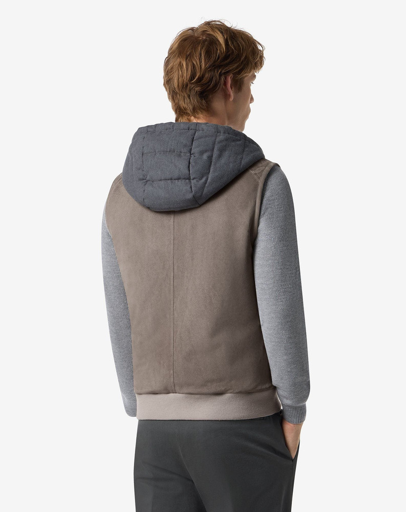 Greige suede gilet with detachable hood 3