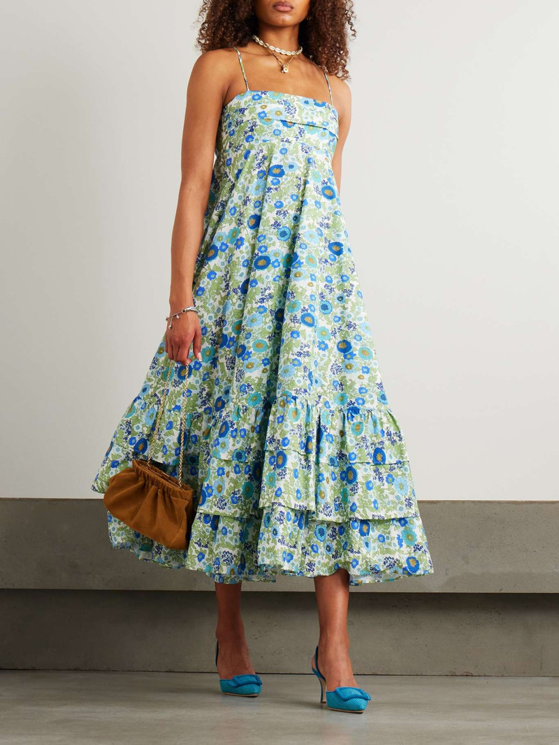 ALÉMAIS Pam tiered pintucked floral-print organic cotton-poplin midi dress Blue outlook