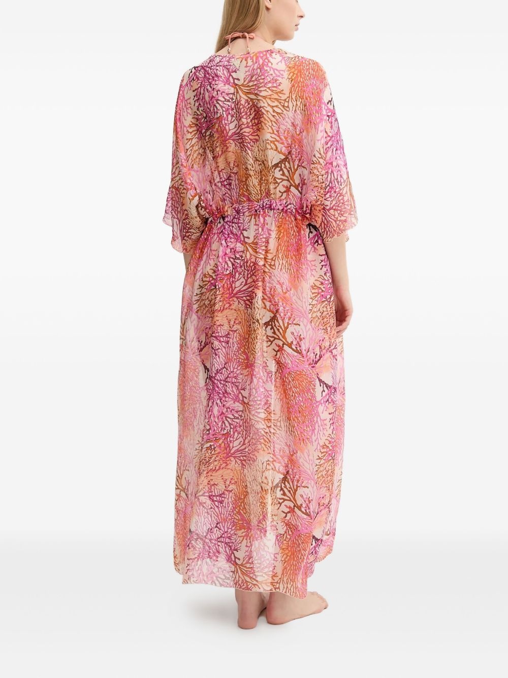 coral-print drawstring kaftan - 2