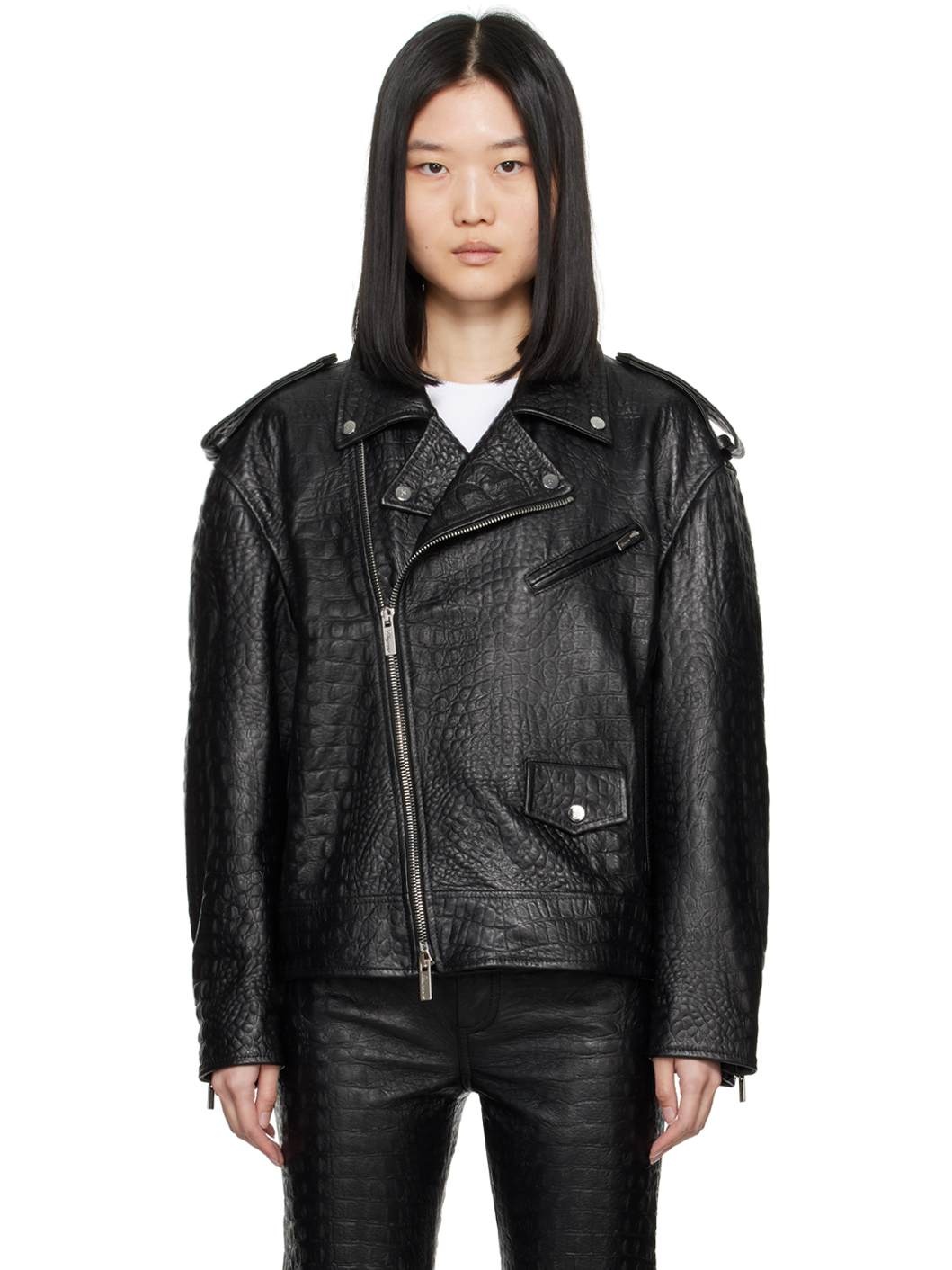 Black Crocodile-Effect Leather Jacket - 1