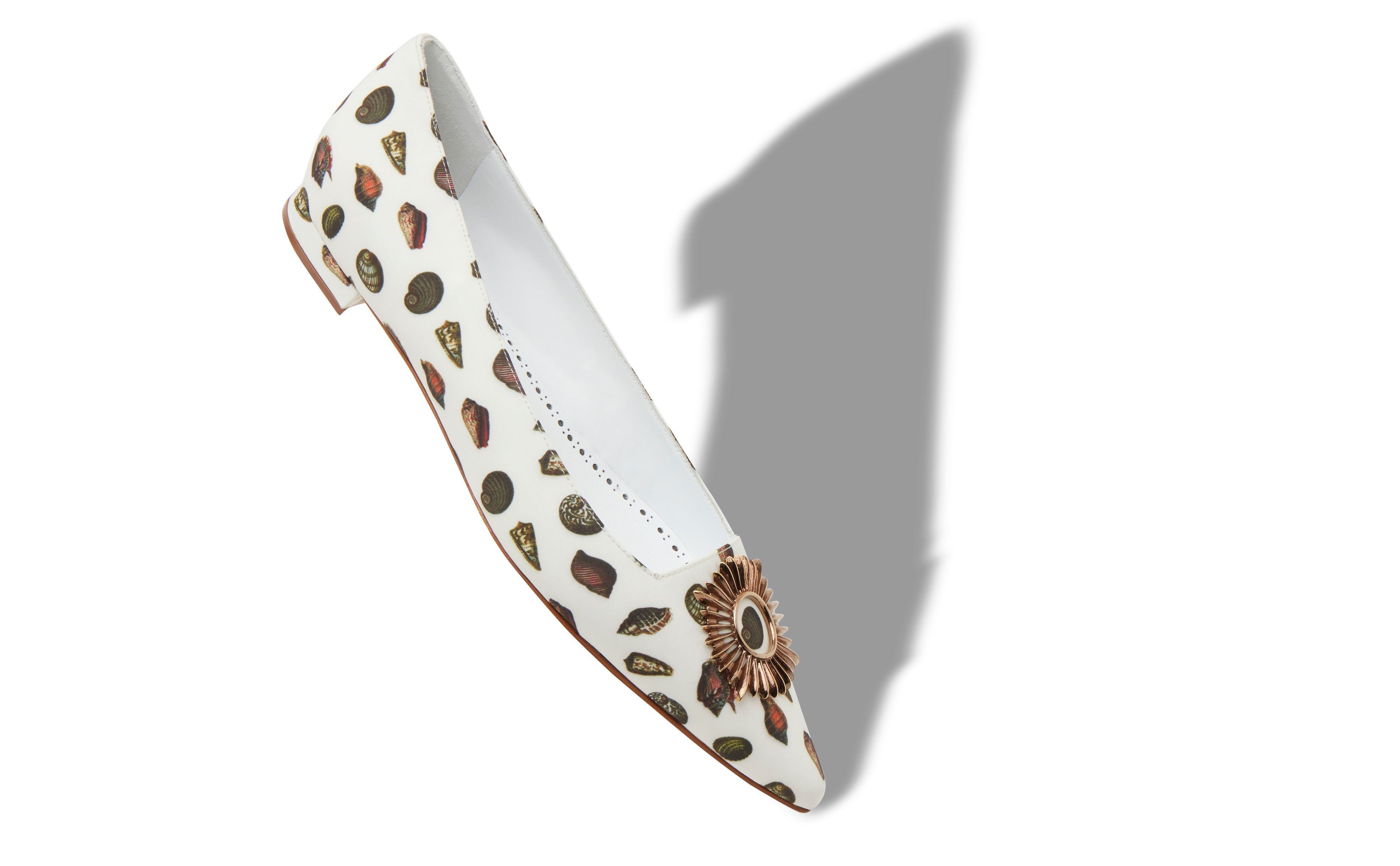 White Shell Printed Textile Flat Shoes - 2