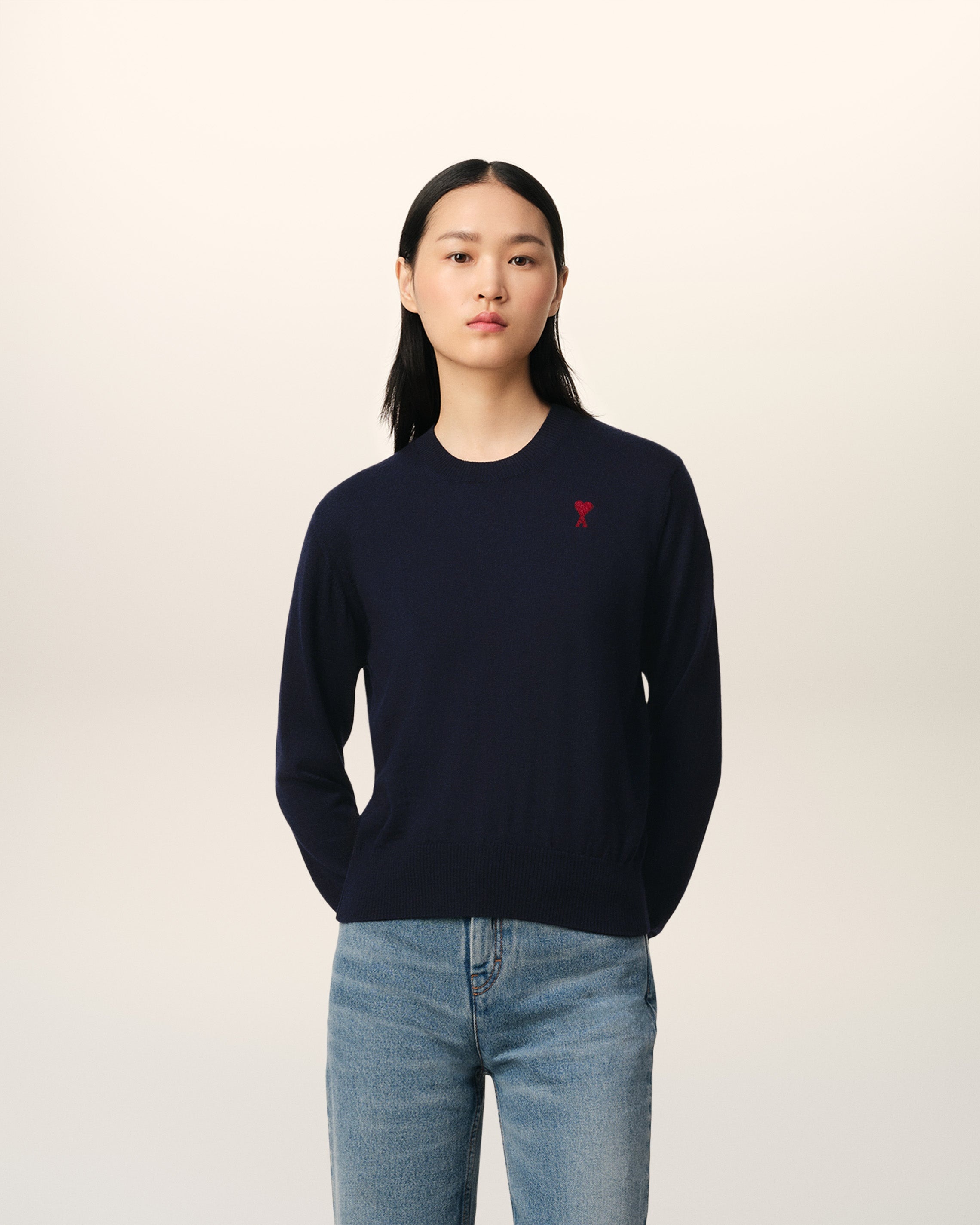 NAVY WOOL AMI DE COEUR CREW NECK SWEATER - 1