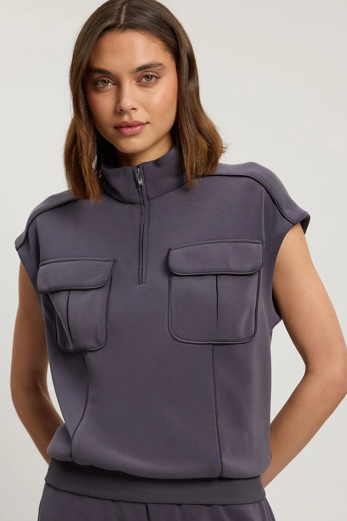 Petite Premium Luxe Zip Through Funnel Neck Top - 1