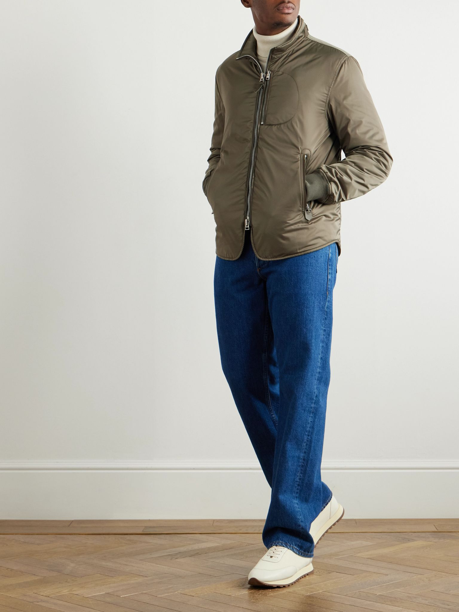 Padded Leather-Trimmed Satin Bomber Jacket Green - 2