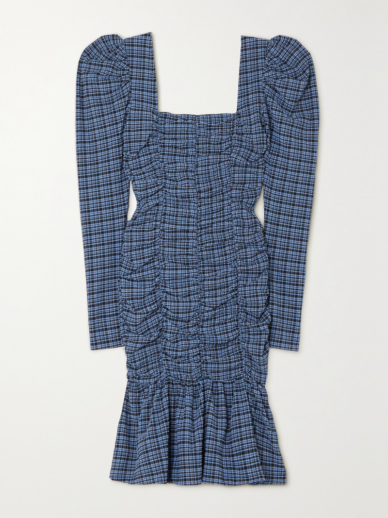 Ruched Checked Stretch Recycled-seersucker Mini Dress 1