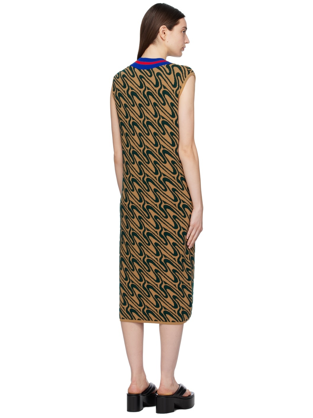Tan & Green Jacquard Midi Dress - 3