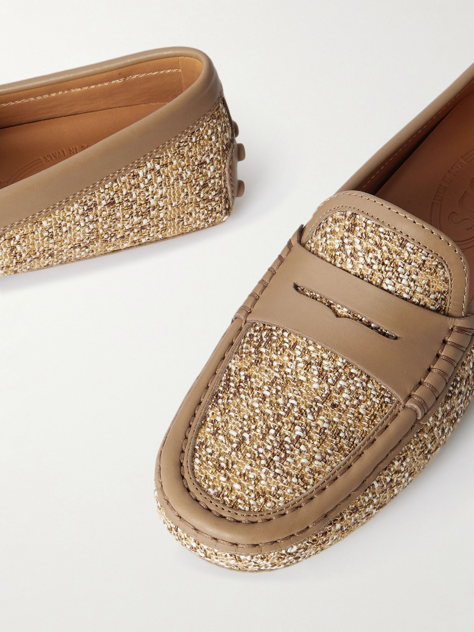 Leather-trimmed raffia mocassins Beige - 4