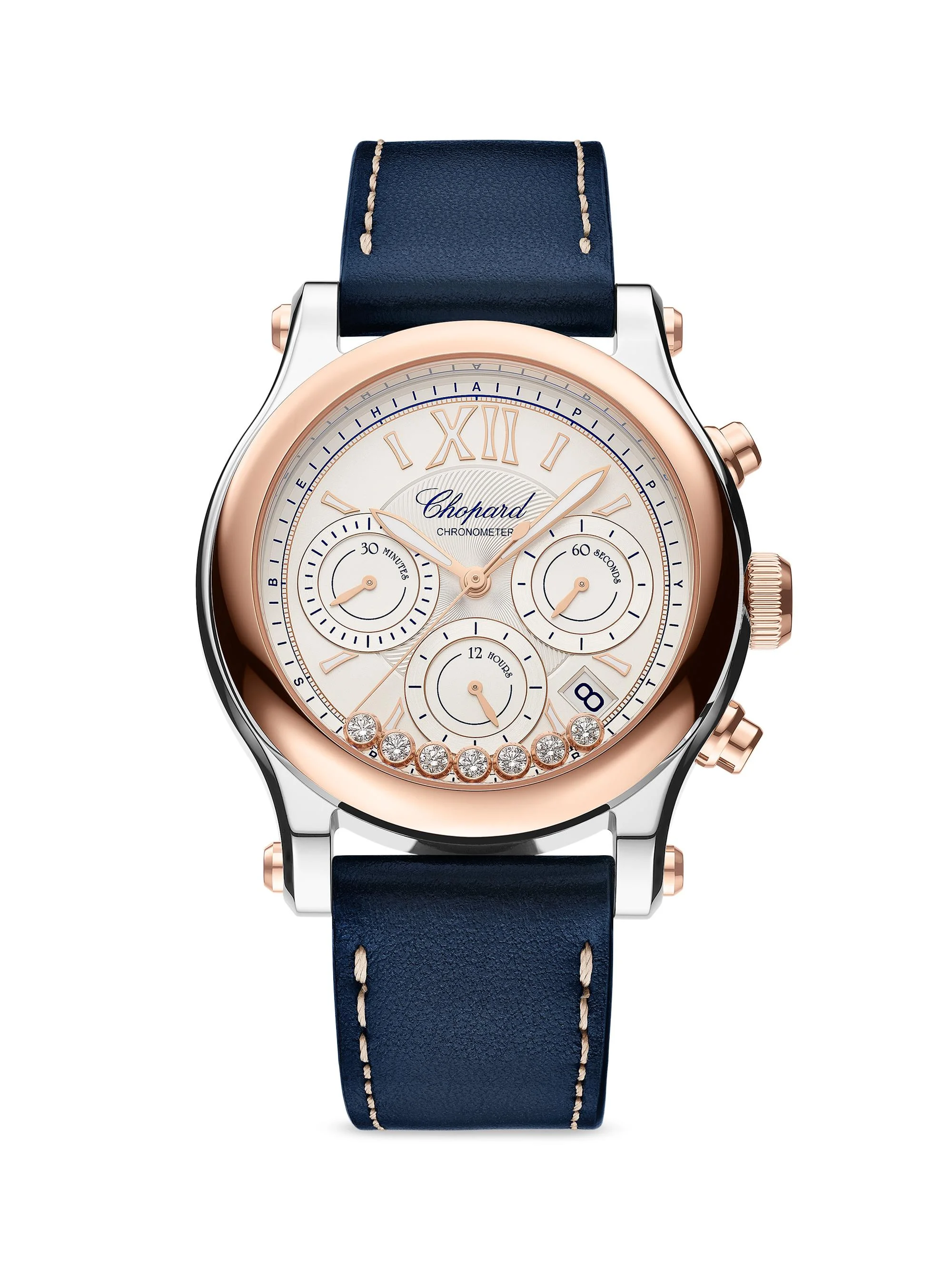 Women's Happy Sport Stainless Steel, 18K Rose Gold, Diamond, & Leather Chronograph Watch - Blue - 1