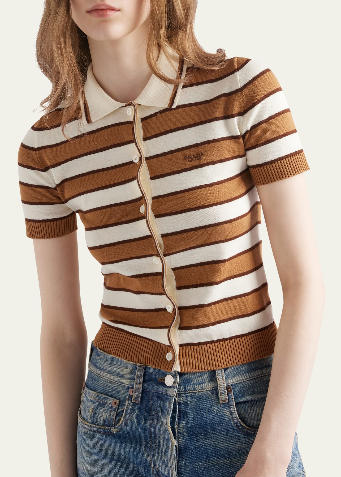 Striped Short-Sleeve Polo Sweater - 4