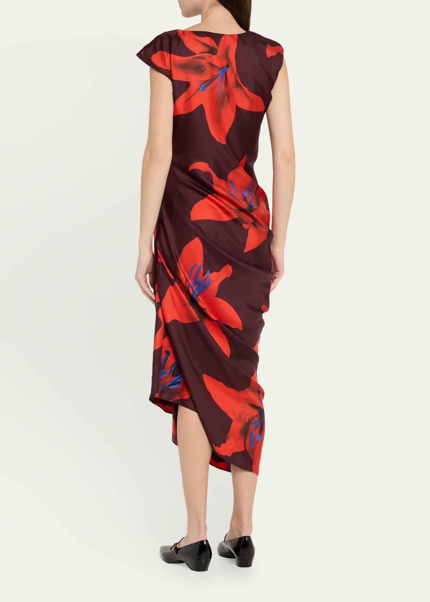 Lily-Print Draped Short-Sleeve Midi Dress - 3