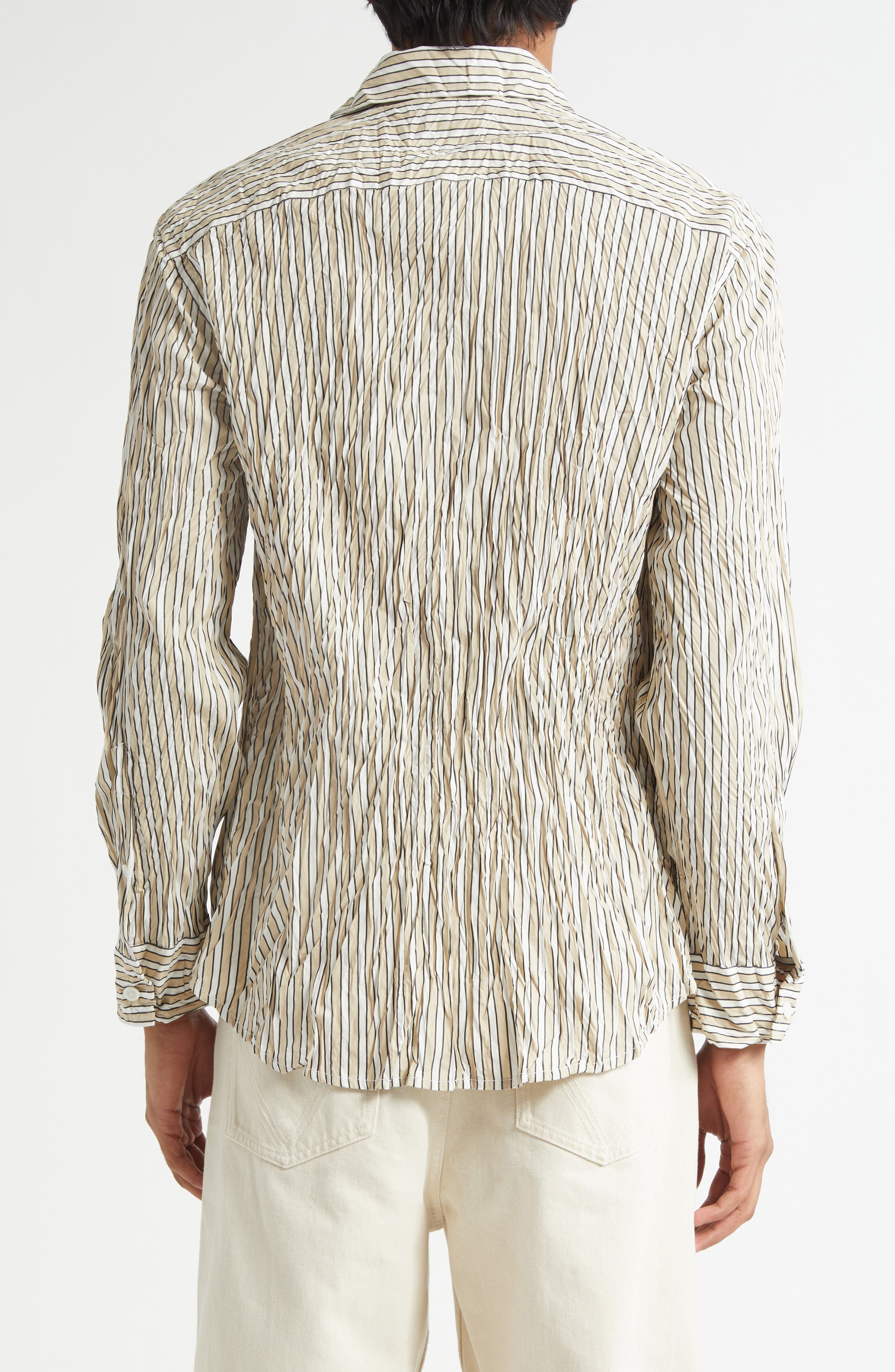 Bottega Veneta Crushed Technical Cotton Poplin Button-Up Shirt in 8773 Beige/White/Black at Nordstro - 3