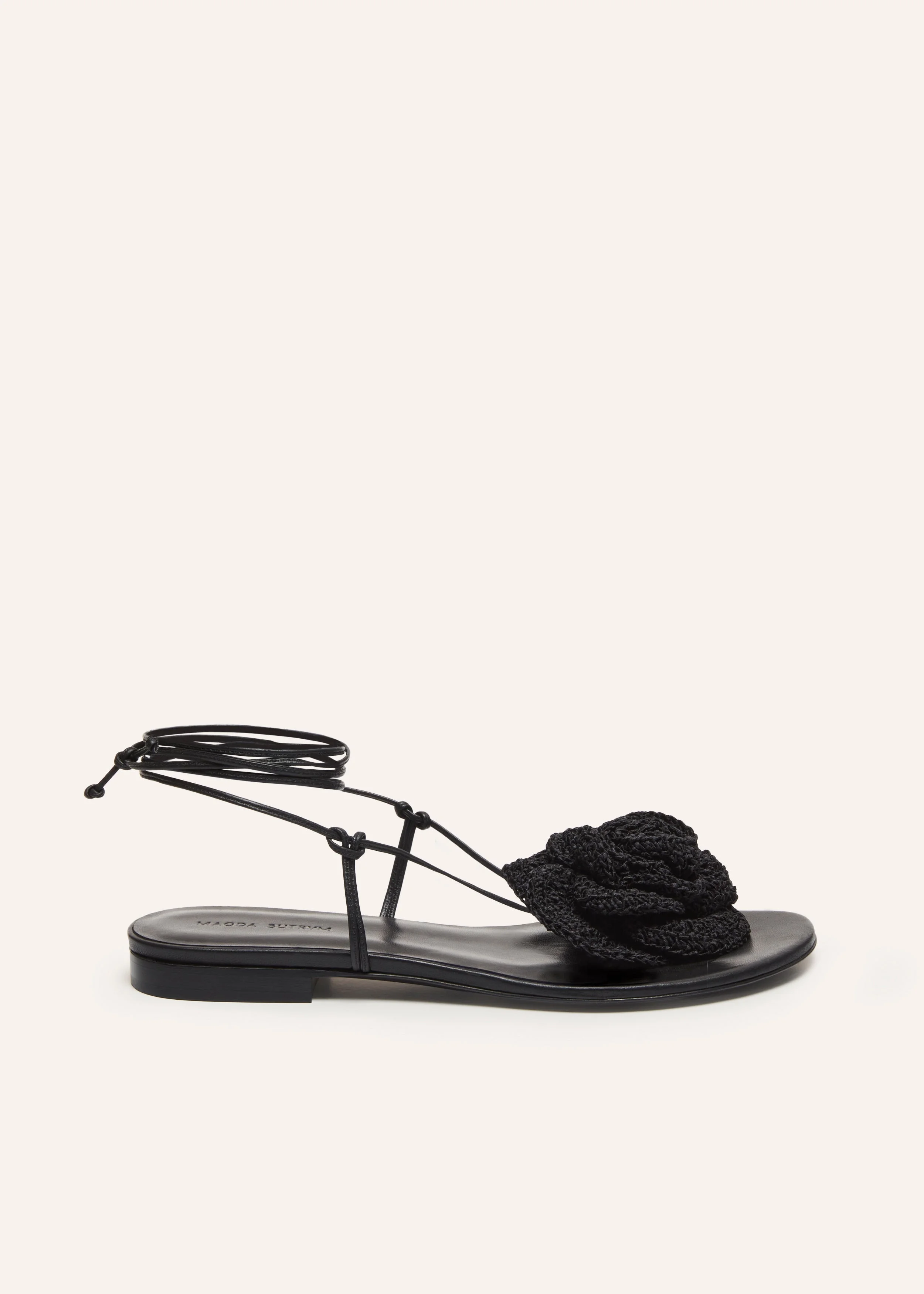 Wrap around flat flower sandals in black crochet - 1