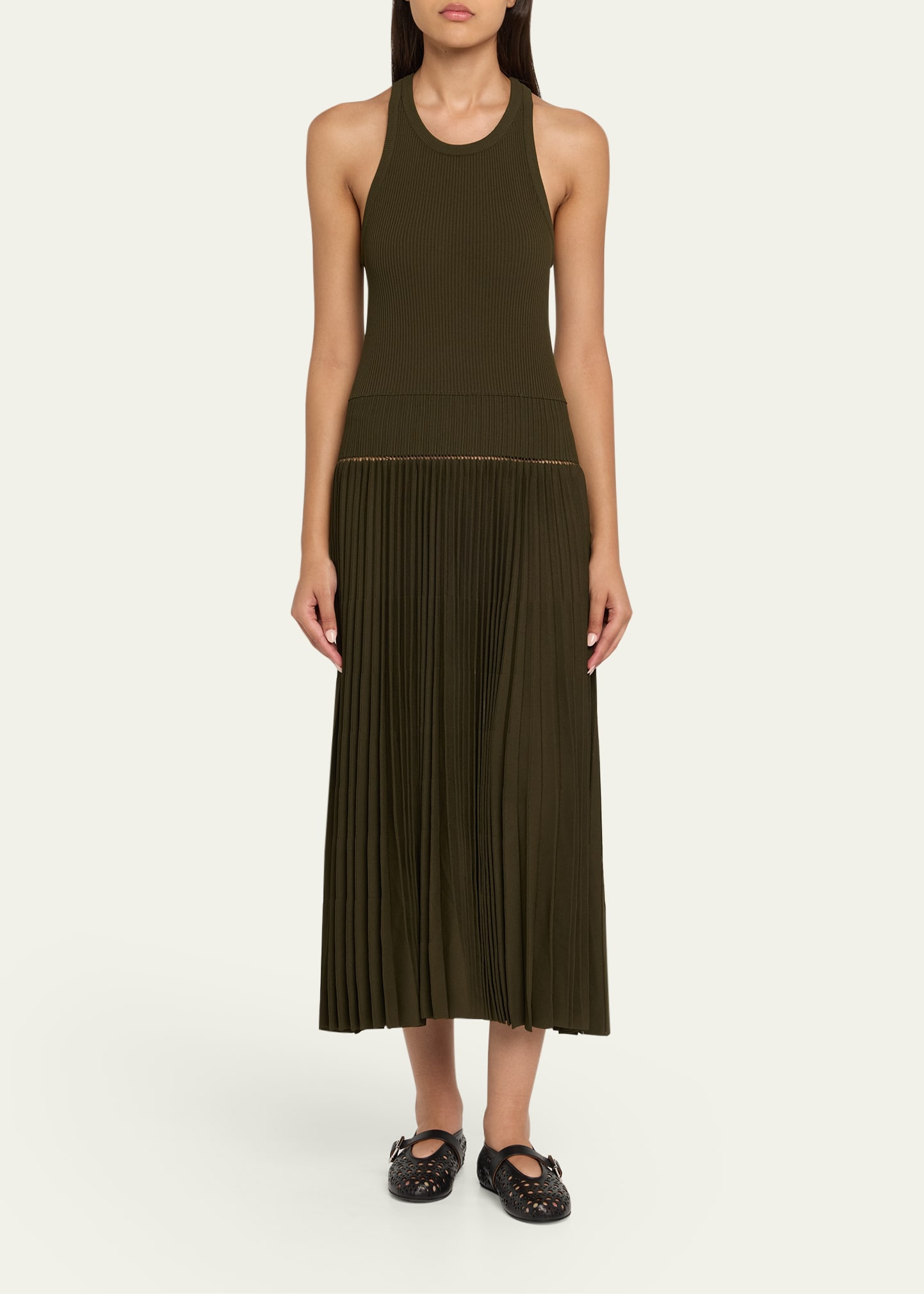 Sleeveless Drop-Waist Pleated Midi Dress - 2