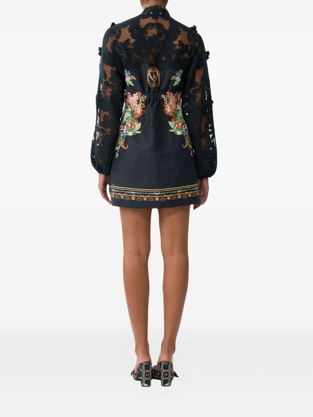 lace-sleeve floral print mini dress - 3