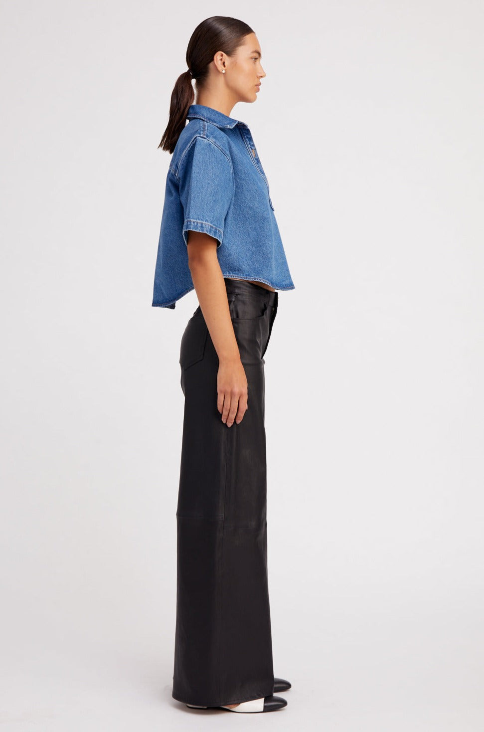 BLACK LEATHER 5 POCKET WIDE LEG - 3