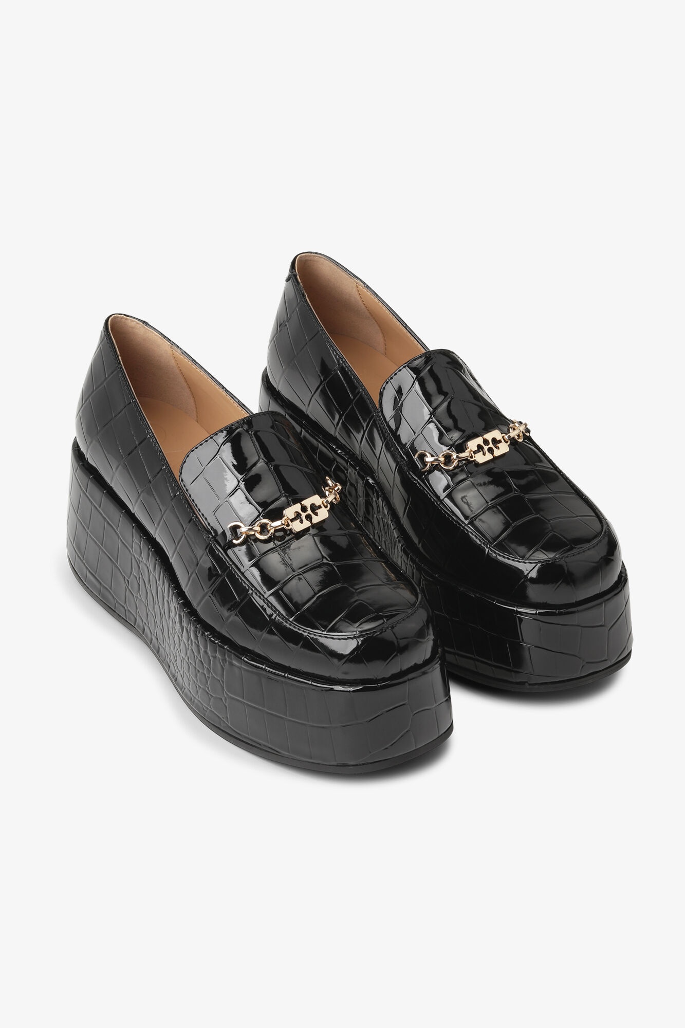 BLACK PATENT CROCO BUTTERFLY CHAIN PLATFORM LOAFERS - 2