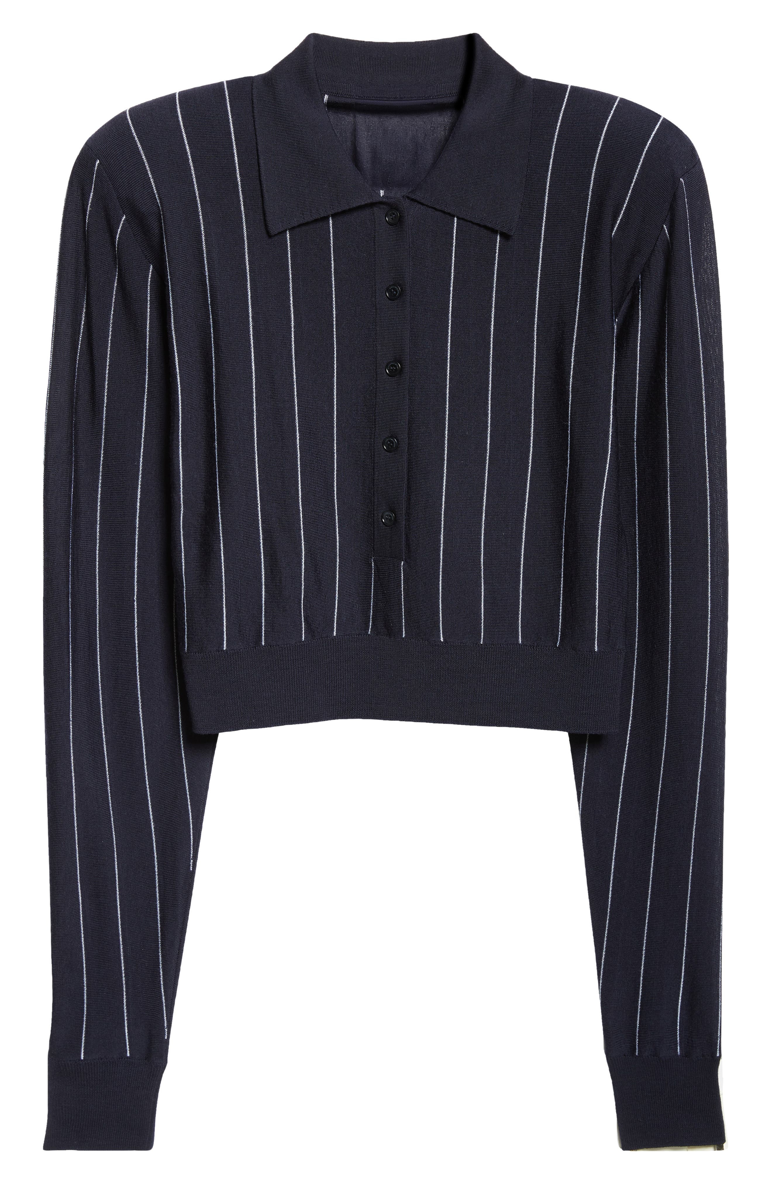 Stella McCartney Pinstripe Long Sleeve Virgin Wool Crop Polo in Ink/White at Nordstrom - 6