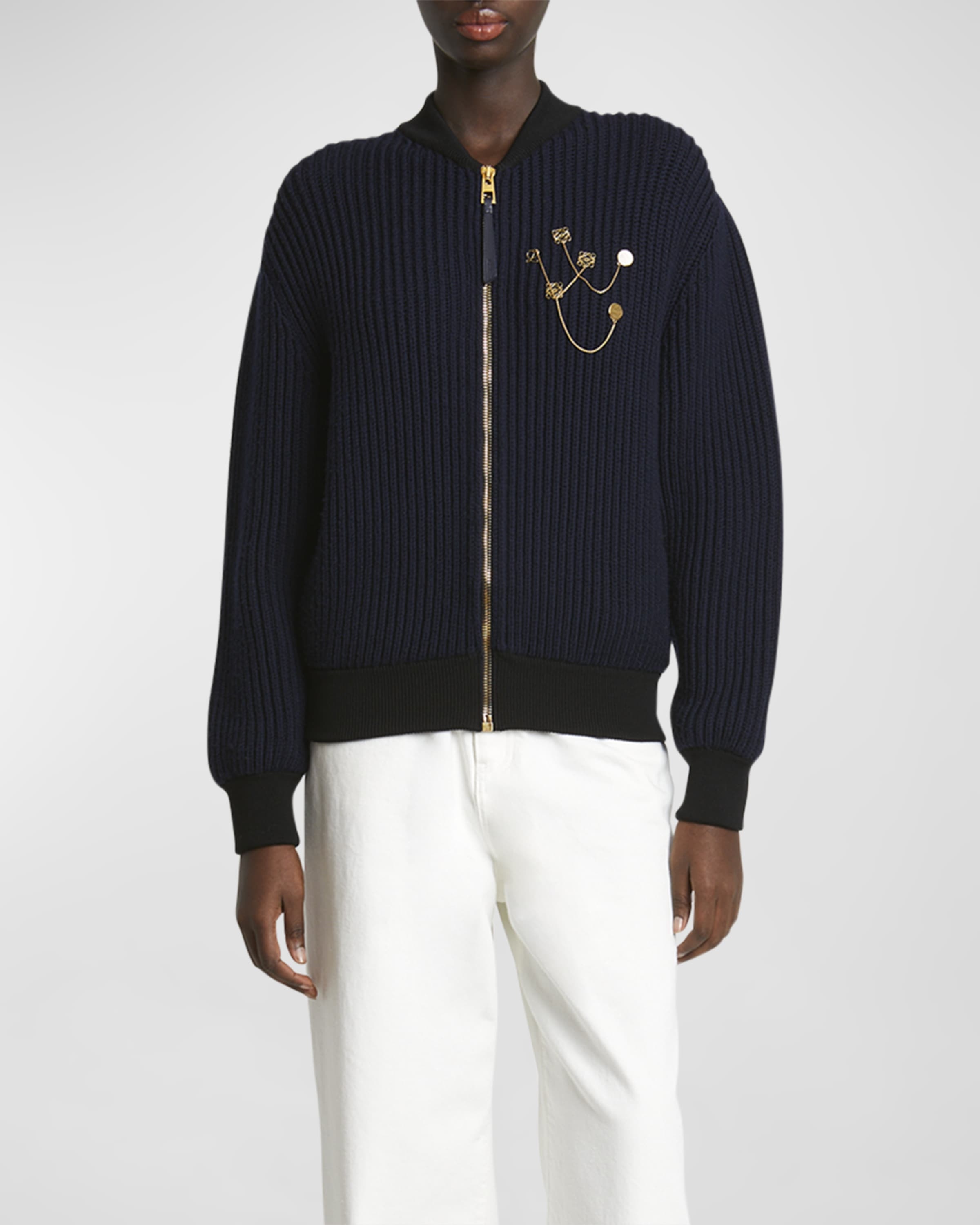 Logo Pin Ribbed Zip Wool Cardigan - 2