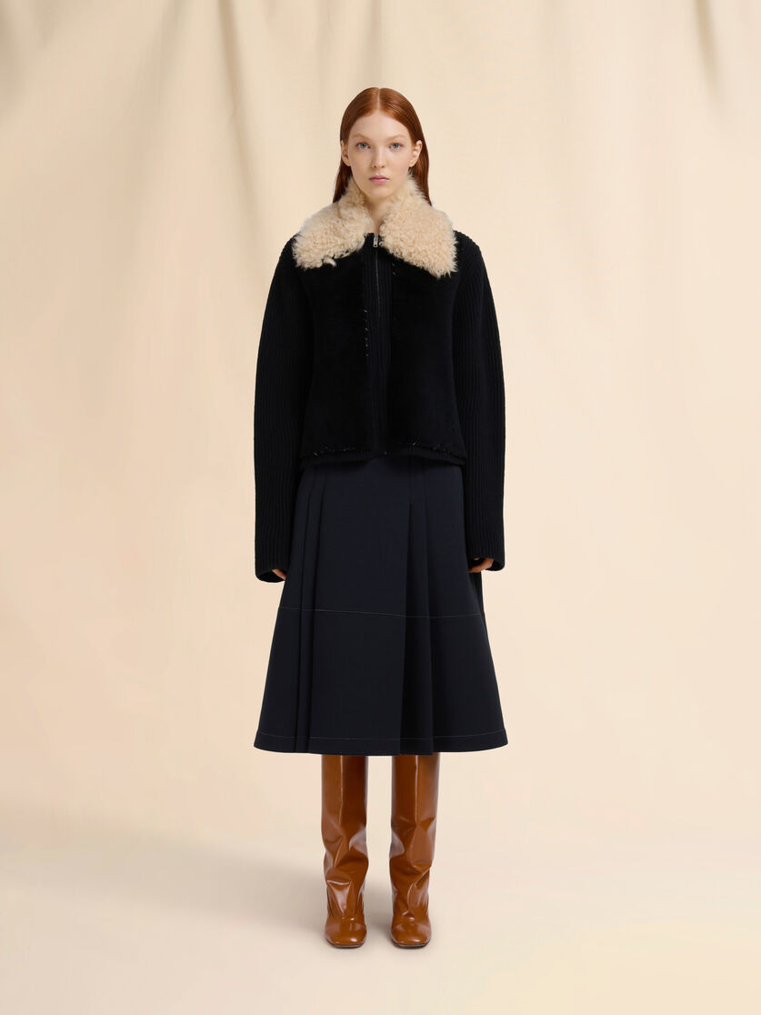 BLACK WOOL CARDIGAN WITH SHEARLING PATCHES - 2