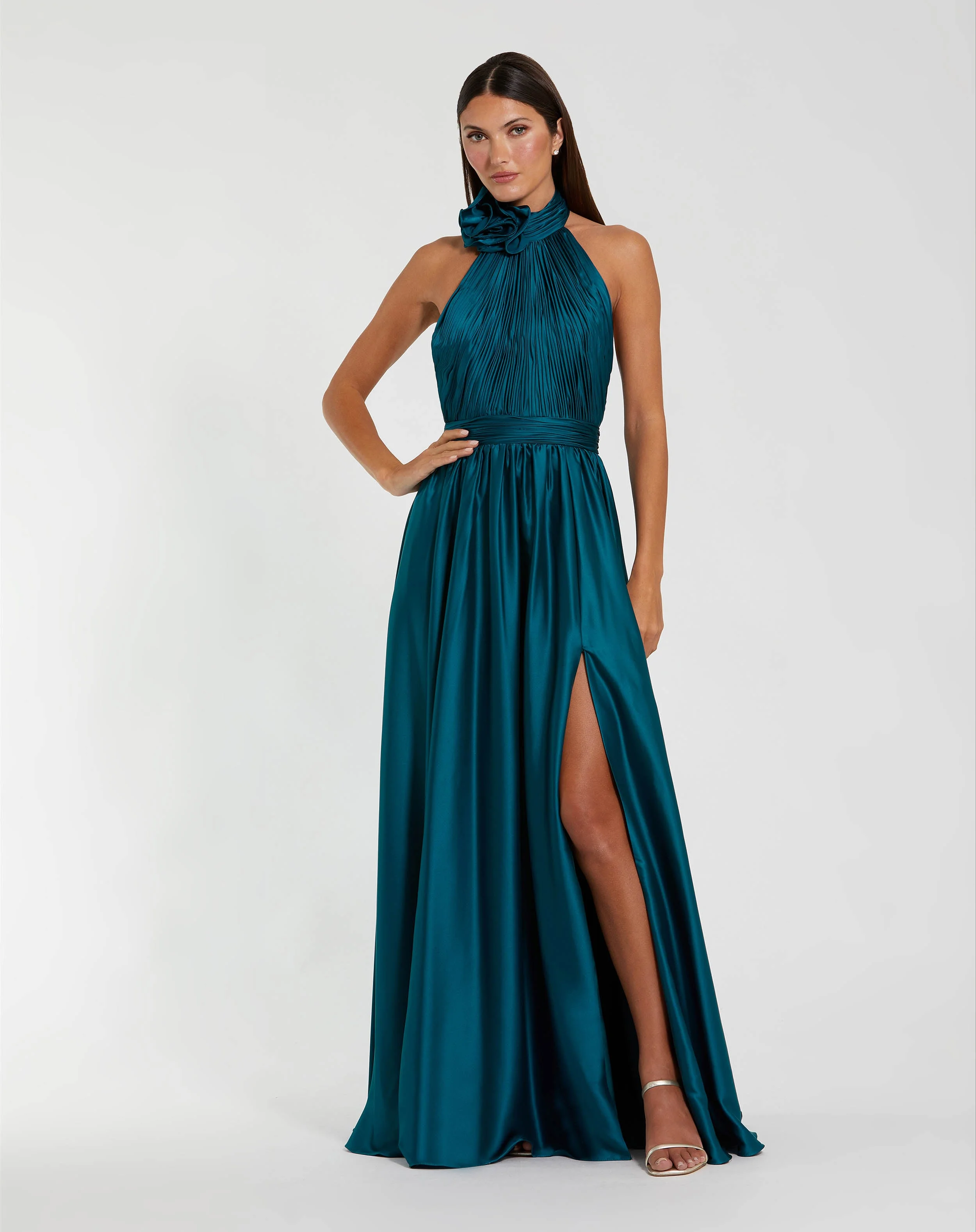 Teal Halter Neck Open Back Satin Gown With Slit - 1