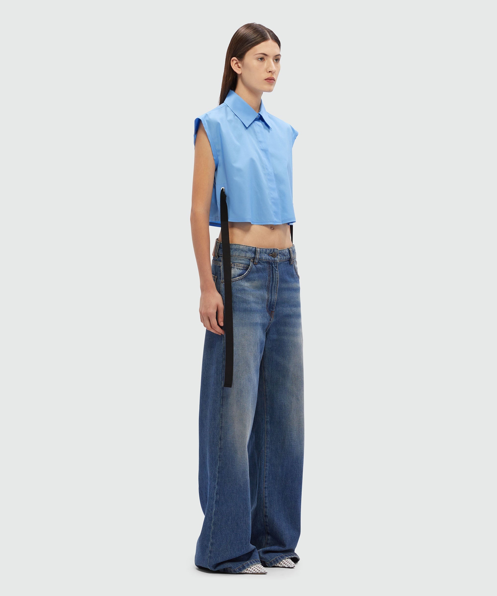 Cropped shirt in light blue poplin - 4