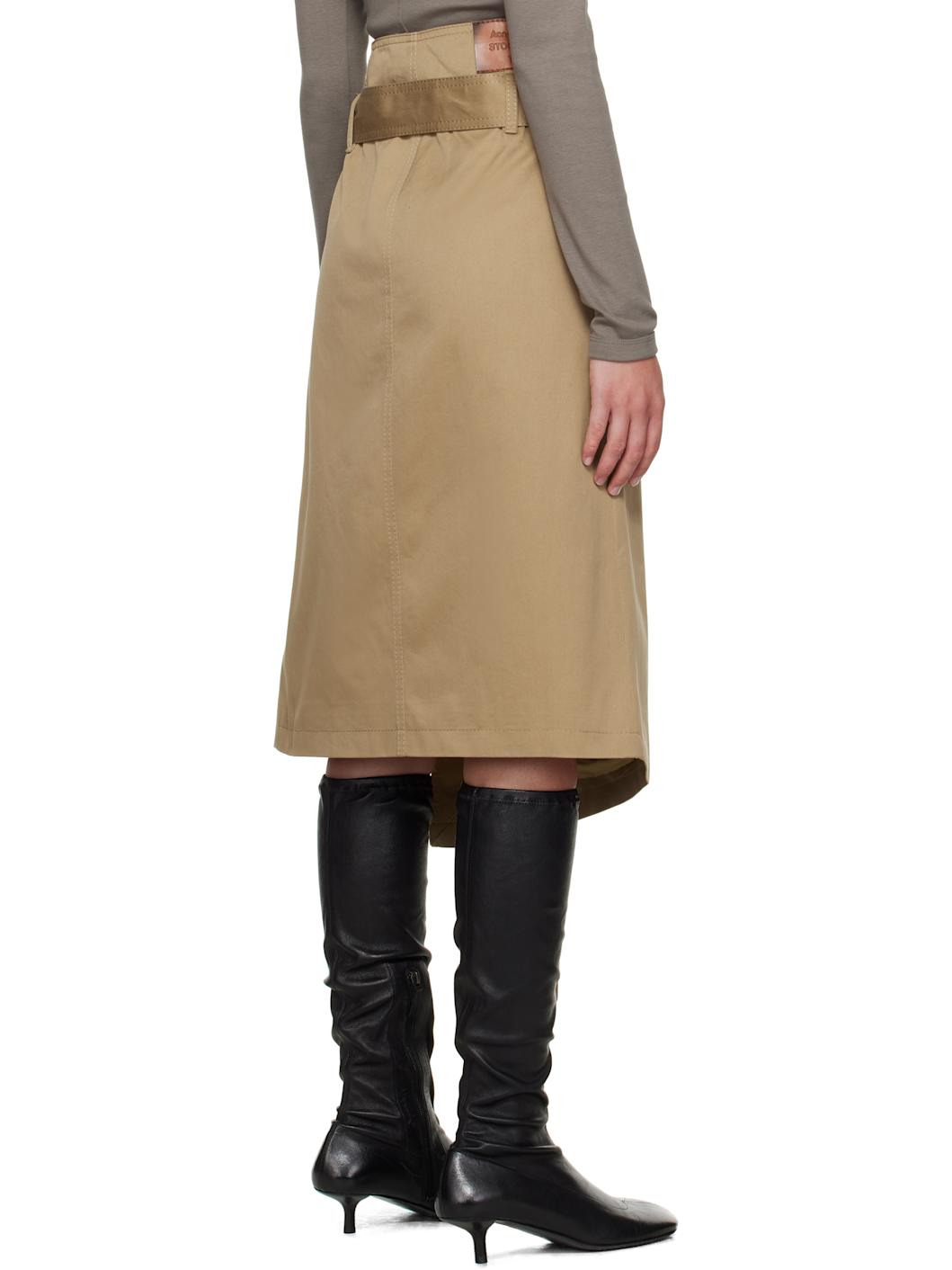 Beige Belted Twill Midi Skirt - 3