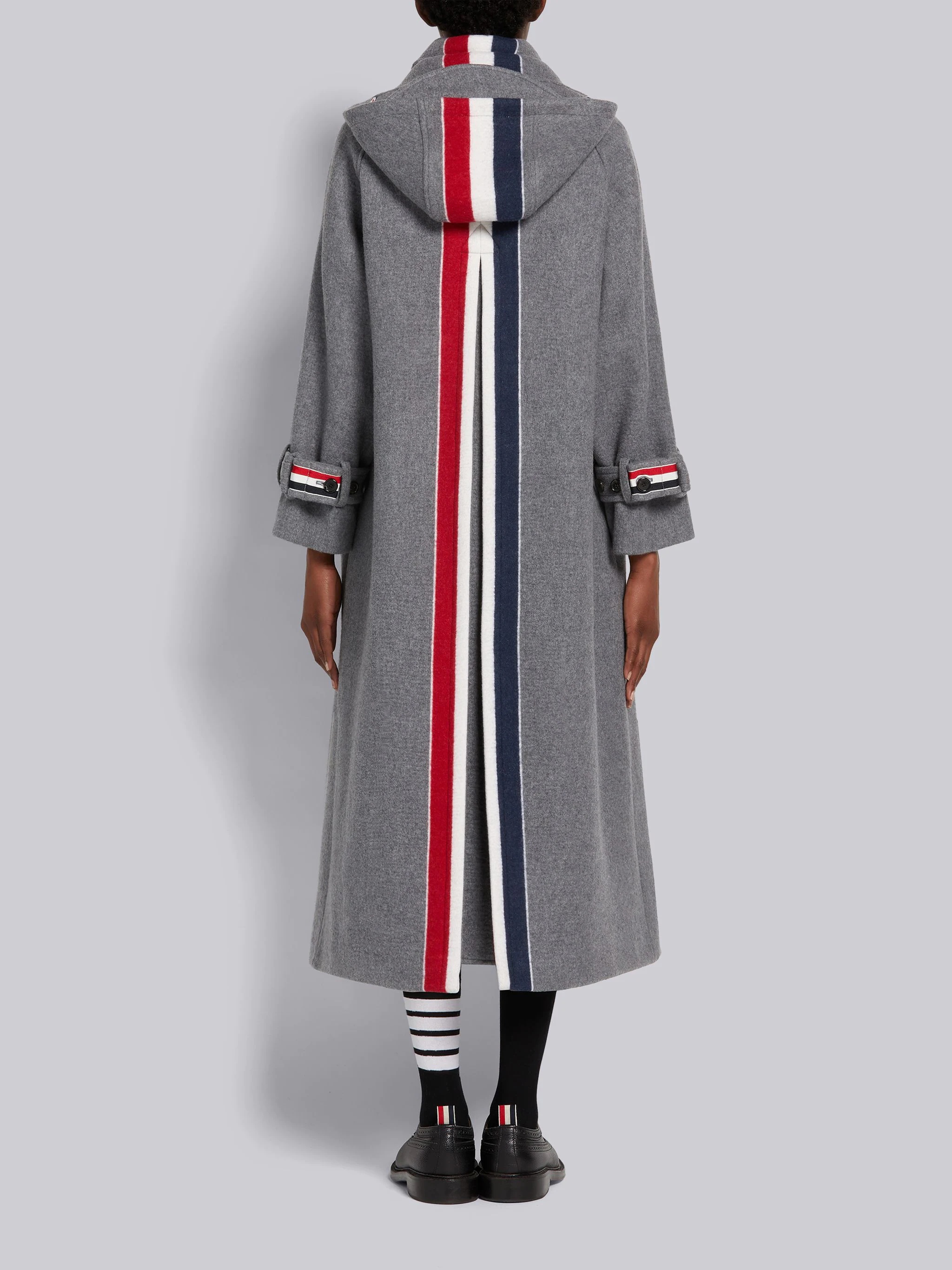Medium Grey Felted Wool Cashmere Engineered Stripe Duffle Coat - 3