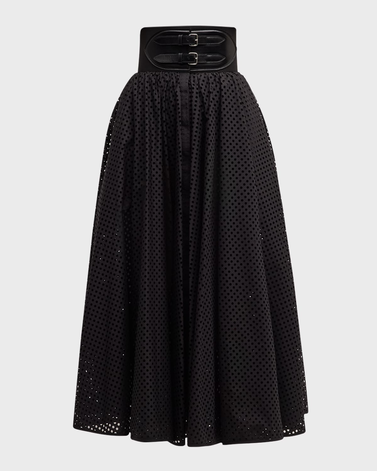 Alaïa Polka-Dot Double-Buckle Belt Midi Skirt neimanmarcus